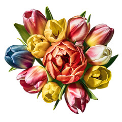 beautiful bouquet of lush rich multi-colored tulips, isolated, spring gift element, women's day gift