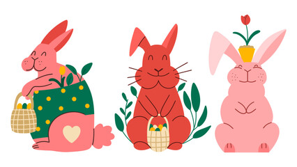 Obraz na płótnie Canvas Happy different Easter funny Bunny rabbits. Easter set with different animals. Vector illustration in flat style.
