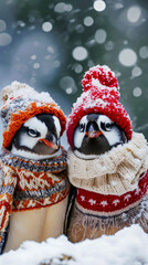 Cute animal with warm winter clothes in a bright winter day