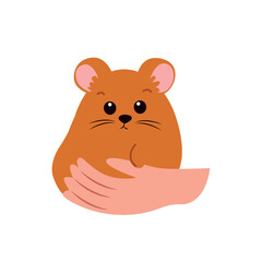 Cute hamster in human hands. Vector illustration in cartoon style