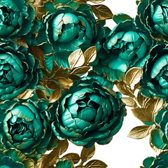 seamless background of beautiful bright peonies flowers emerald Green color buds and golden leaves, spring gift, holiday of spring and flowering, cut out