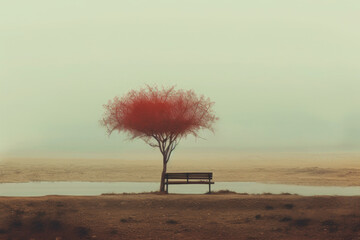 A lonely standing tree with orange foliage and empty wooden bench on meadow with brown grass and a gray rainy sky