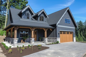 Slate Grey Home with Covered Porch: Exterior Design and Landscape View