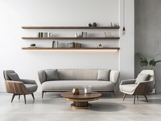 Modern Minimalist Living Room Interior with Sofa, Chairs, and Shelving Unit