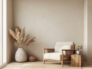 Scandinavian-Bohemian Living Room Wall Mockup with Luxury Decor and Furniture in Pastel Colours