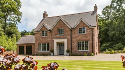 Fototapeta na wymiar New Detached Brick Home in Britain: Residential Property in Red Brick Construction for Sale