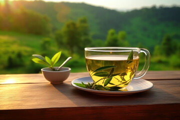 A glass cup with fragrant green tea and leaves on a round stand - obrazy, fototapety, plakaty