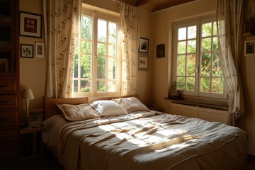 Sunlit Bedchamber: Dreamy Interior with a Spacious Bed and Inviting Window
