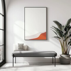 Modern Living Room Art: Abstract Poster Frame on White Wall, Mid-Century Interior Design