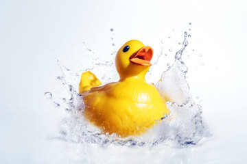 Close-up of a small yellow duck in clear water. Cute children rubber toy