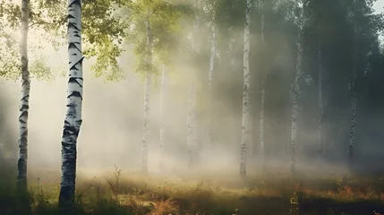 Foto op Aluminium Beautiful nature landscape with birch trees grove in the morning fog. © Ziyan Yang