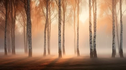 Photo sur Aluminium Bouleau Beautiful nature landscape with birch trees grove in the morning fog.