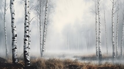 Fototapeta na wymiar Beautiful nature landscape with birch trees grove in the morning fog.