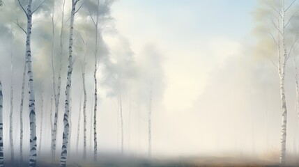 Beautiful nature landscape with birch trees grove in the morning fog.