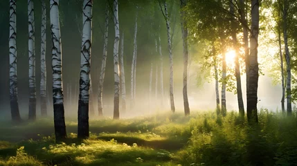 Rolgordijnen Beautiful nature landscape with birch trees grove in the morning fog. © Ziyan Yang