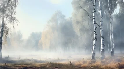 Rolgordijnen Beautiful nature landscape with birch trees grove in the morning fog. © Ziyan Yang