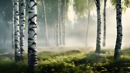 Papier Peint photo autocollant Bouleau Beautiful nature landscape with birch trees grove in the morning fog.