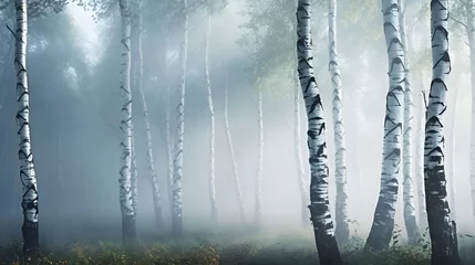 Zelfklevend Fotobehang Beautiful nature landscape with birch trees grove in the morning fog. © Ziyan Yang