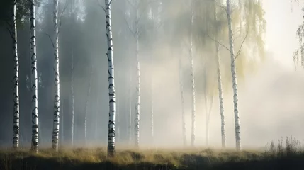 Poster Beautiful nature landscape with birch trees grove in the morning fog. © Ziyan Yang