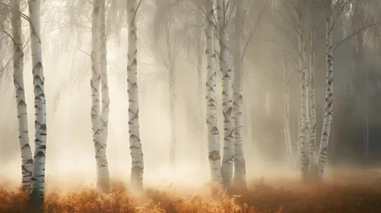 Fototapeten Beautiful nature landscape with birch trees grove in the morning fog. © Ziyan Yang