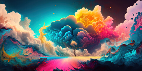 A fantastic banner with a fabulous landscape. A lonely tree, fluffy clouds and a field are painted with mixed bright colors. Generated by AI. - obrazy, fototapety, plakaty