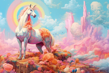 Magical white unicorn with pink mane and rainbow circles stands on rock with colorful bright flowers. Fantasy world. Generated by AI. - obrazy, fototapety, plakaty