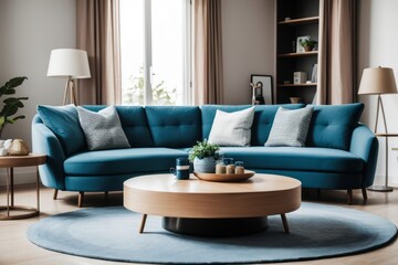 Interior home design of modern living room with blue sofa and round table near the window