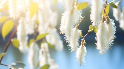 Beautiful springtime nature background from blooming willow branches with fluffy catkins in sunlight. .