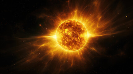 bright big yellow sun in space constellation stars rays of solar light heat created with Generative AI Technology