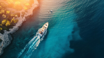 夏の夕暮れ時の澄んだ青い水の中のスピードボートの空撮GenerativeAI - obrazy, fototapety, plakaty