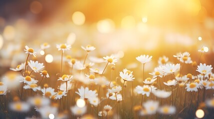 Beautiful summer autumn background with small daisy flowers with white petal and sunny lights. Artistic golden toned image of fairy meadow, macro amazing landscape.
