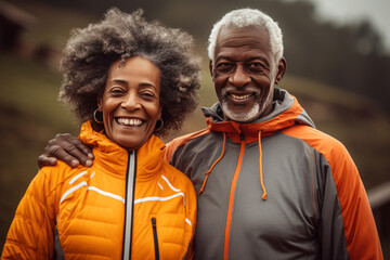 An elderly married black couple of happy travelers. Old African in windbreakers hugging against the background of nature. Generated by AI. - obrazy, fototapety, plakaty