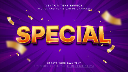 Vector Editable 3D yellow orange text effect. Special discount promotion sale graphic style on purple background