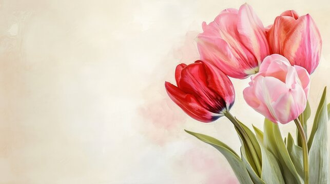 Closeup of blooming tulip flower in spring on pastel watercolor background, copy space.