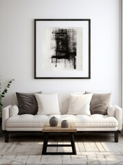 Interiors design  Empty living room with a sofa, picture frame, and wall decor .
