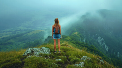 夏の夕方、霧の中で美しい山の谷を眺める緑の草を持つ山の頂上にいる女の子GenerativeAI