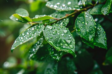 Fresh green leaves with clear raindrops against a blurred background