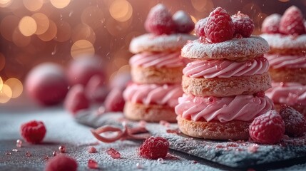 Taste of Modern Elegance. Luxury French Sweets in Magenta, Adorned with Pink Heart-shaped Cakes and Decorations, Evoking a Romantic Valentine's Day Vibe