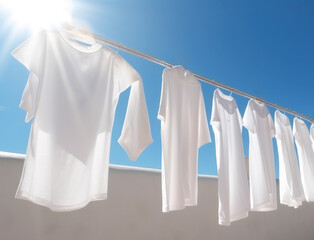 White shirts and T-shirts are hung on a rope on clothespins on the street