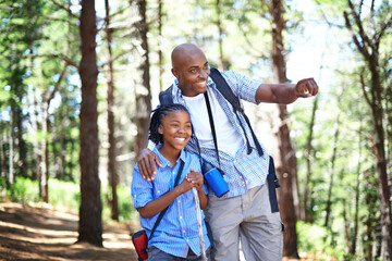 Happy black family, forest and hiking for bonding, fresh air or exploring together in nature. Dad...