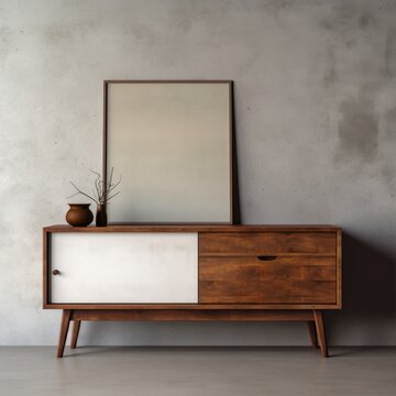 Modern Wooden Sideboard with Blank Frame Interior , Mockup Picture Frames , mock up poster frame ,Wall art mockup.