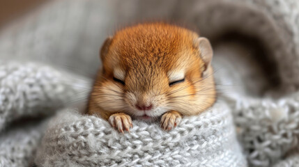 A cute gerbil peeks out from the folds of a soft grey knitted sweater.