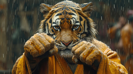 Tiger in the rain with paws clenched, looking intense.