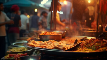 India street food at night market. AI Generative.