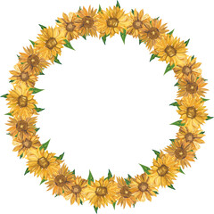 Sunflower wreath frame illustration on transparent background.