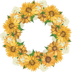 Sunflower wreath frame illustration on transparent background.