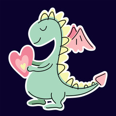 Cute hand drawn dragon falling in love. Vector illustration in cartoon style. Colorful sticker. Dino with heart.