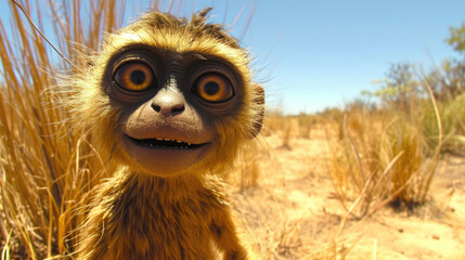 Fototapeta premium A comical monkey figure in a sandy desert, looking at the camera