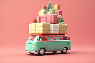 Retro pink minivan with colored suitcases on the roof trunk