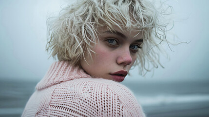 Moody dark portrait of young blond Gen-Z woman with curly bob wig wearing knitted sweater standing by the sea in cold day looking to camera